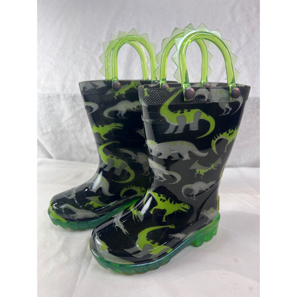 Western Chief Kids Dinosaur Rain Boots Black Green Spiked Handles Size 5 Toddler